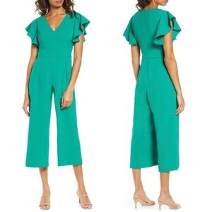 Eliza J Ruffle Sleeve V-neckline Crepe Jumpsuit Kelly‎ Green size 4
